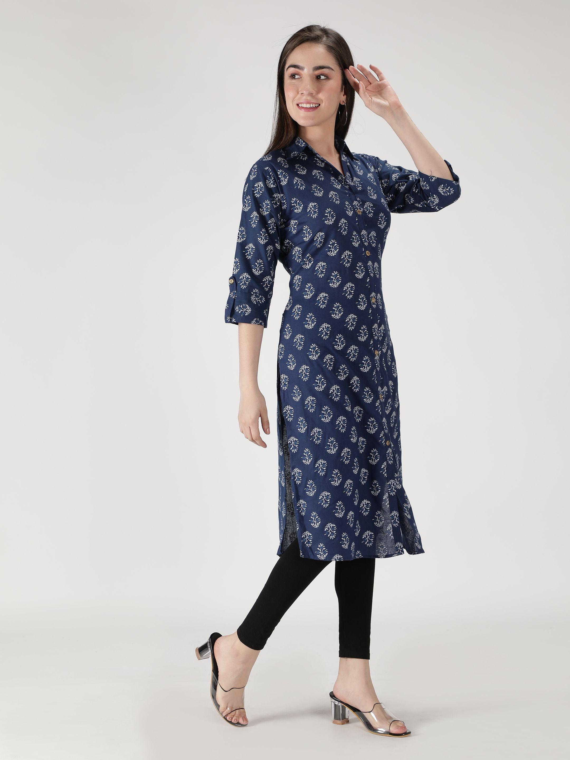 Fabclub Cotton Floral Printed Straight Women Kurti (Navy Blue) Roposo Clout