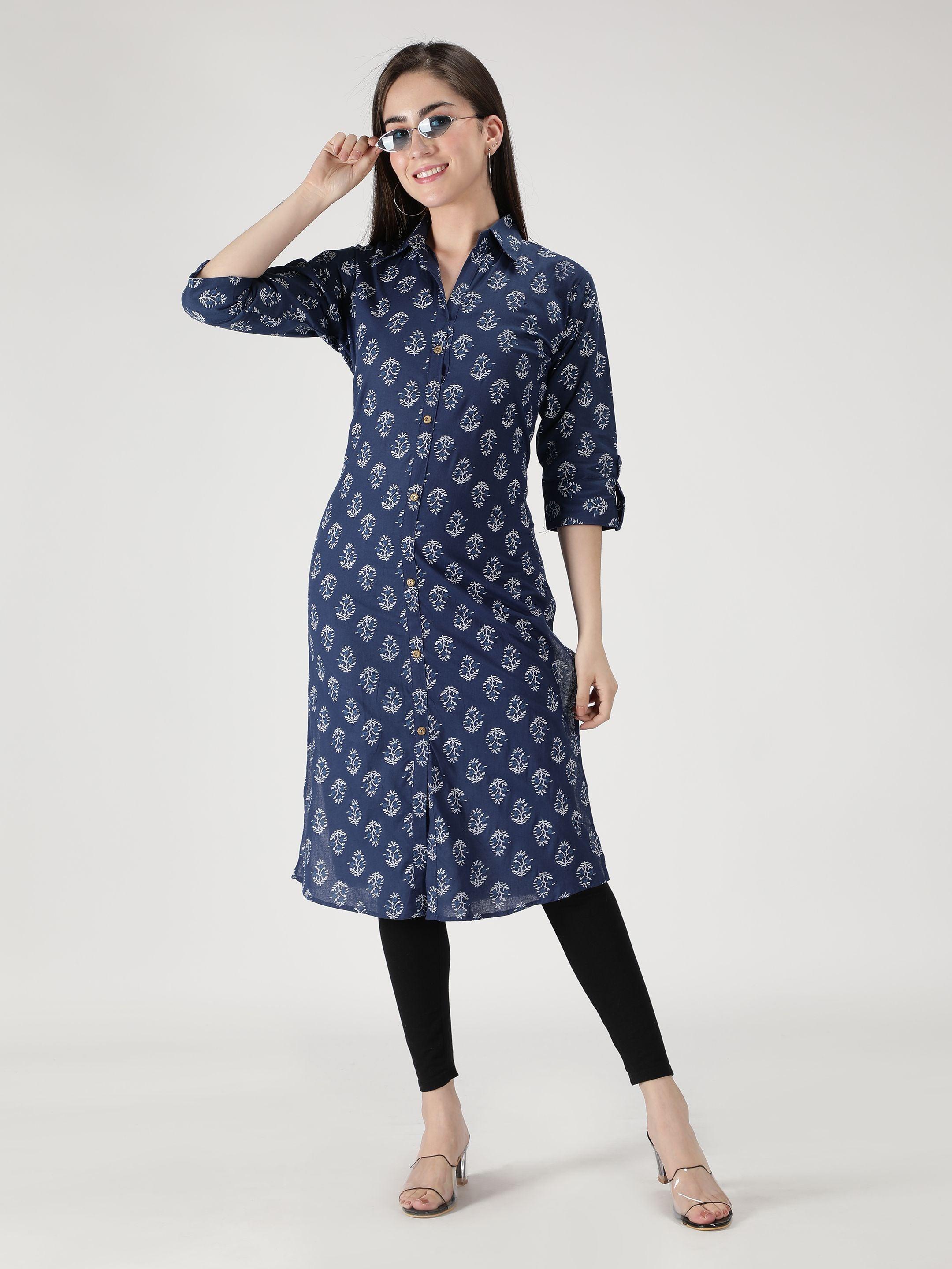 Fabclub Cotton Floral Printed Straight Women Kurti (Navy Blue) Roposo Clout