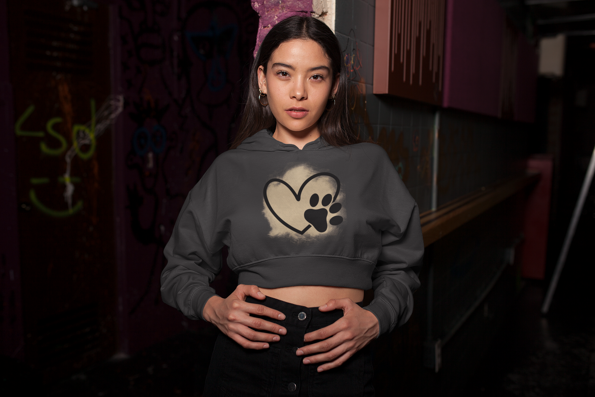 Heart with Dog Paw Crop Hoodie For Women Printrove