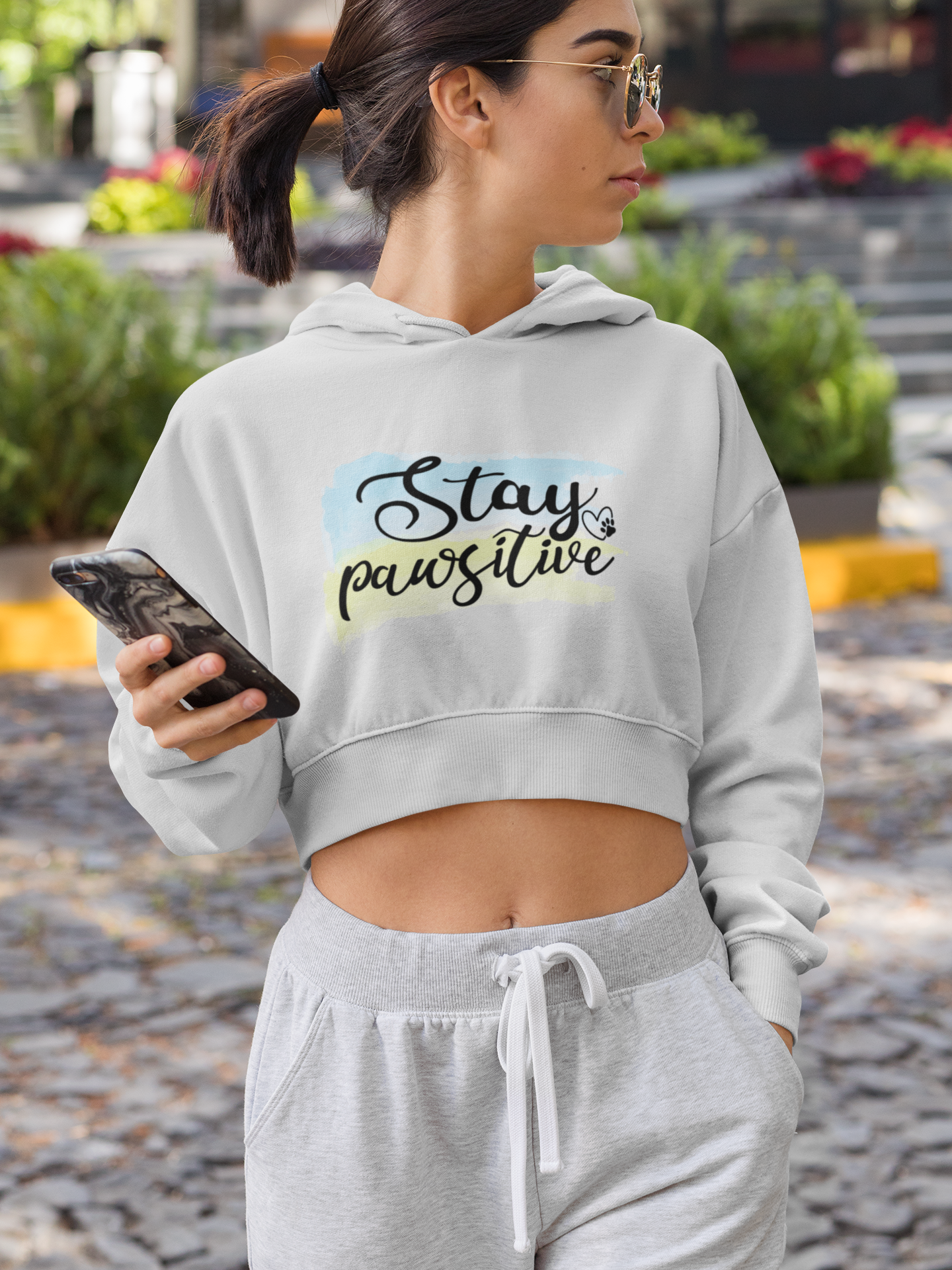 Stay Pawsitive Crop Hoodie For Women Printrove