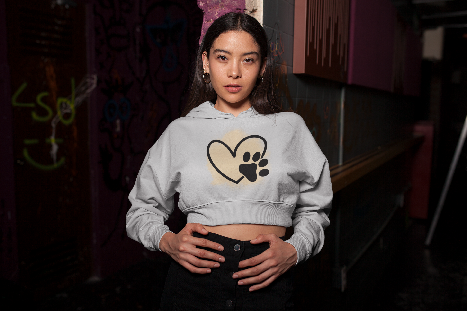 Heart with Dog Paw Crop Hoodie For Women Printrove