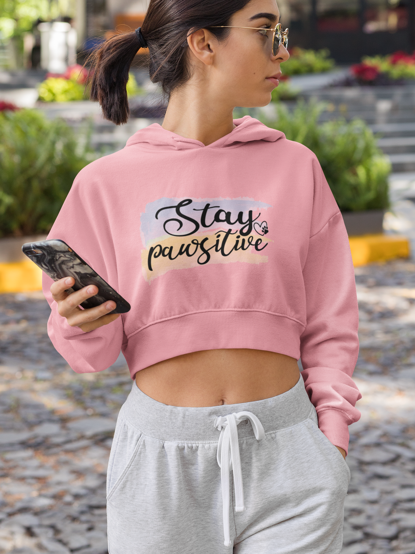Stay Pawsitive Crop Hoodie For Women Printrove